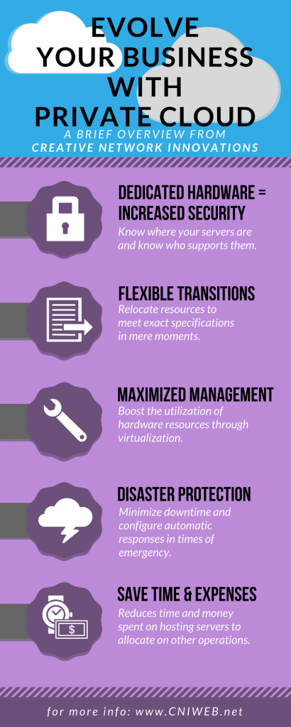 Private Cloud Benefits - Creative Network Innovations Hosting Solutions - Infographic